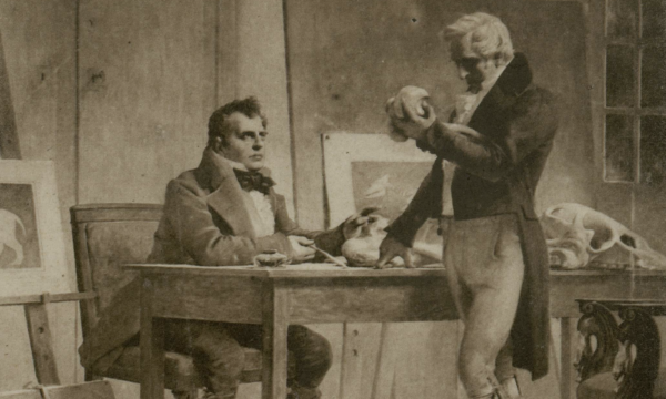 Painting of two men at desk examining fossils